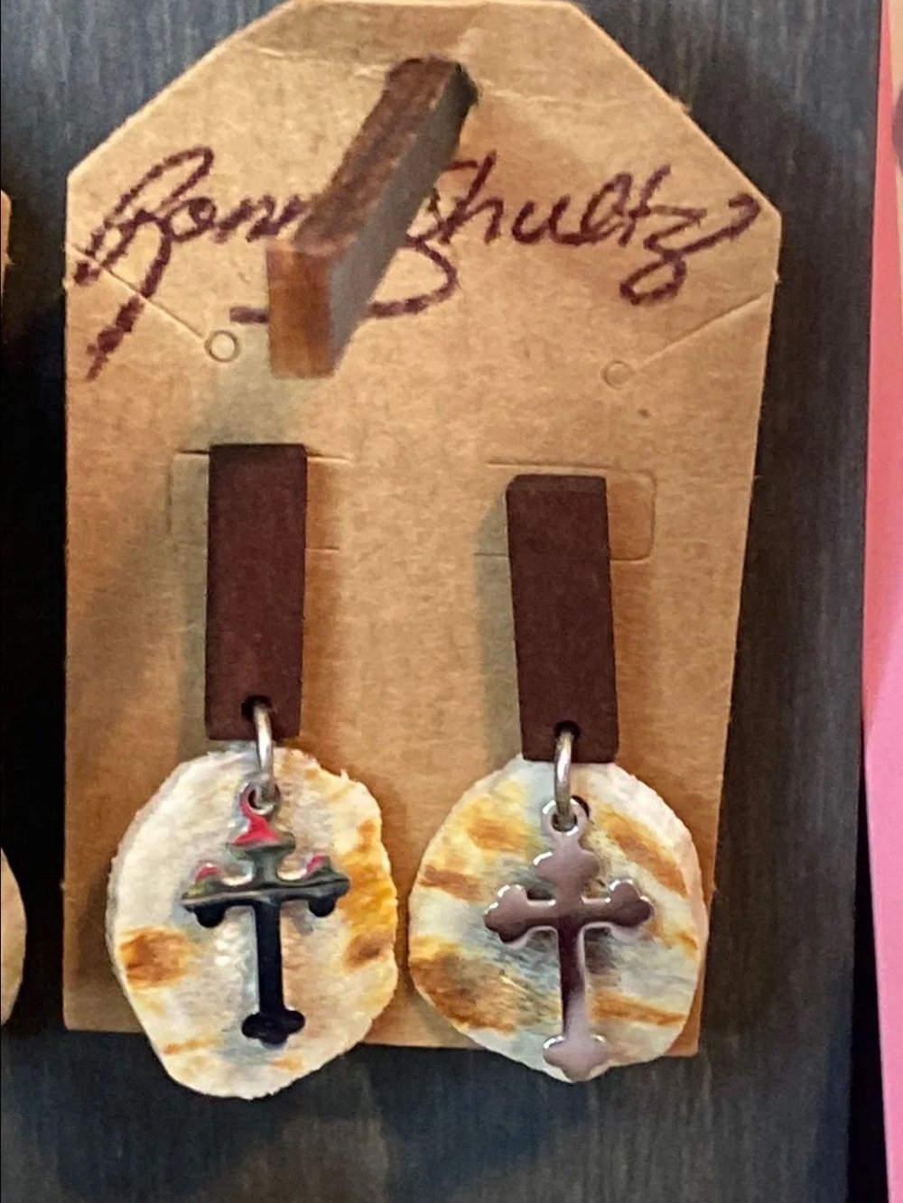 Cross Charm deer antler Drop Earrings with Brown wooden Tabs